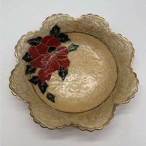 Vintage Scalloped Floral Enamel Brass Bowl With Gold Rim